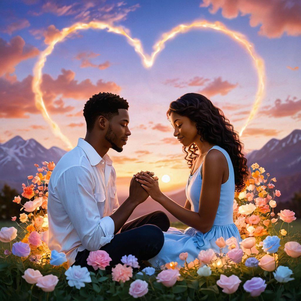 A warm and inviting scene depicting a diverse couple sharing an intimate moment, surrounded by soft, glowing heart shapes symbolizing love. Incorporate elements like handwritten notes and flowers around them, expressing passion and connection. The background should have a dreamy, pastel sky, enhancing the heartfelt essence of relationships. soft focus. vibrant colors. super-realistic.