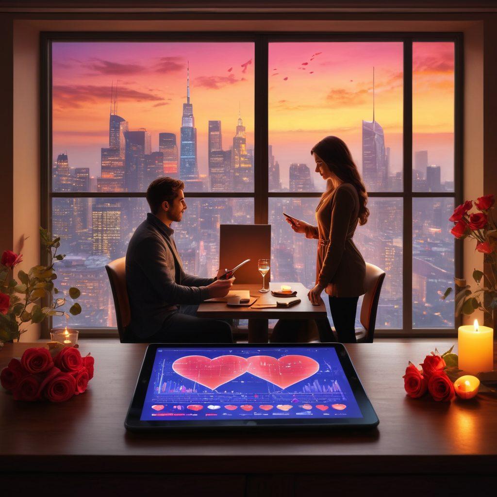A loving couple analyzing vibrant charts and infographics on a tablet, surrounded by heart-shaped data visualizations and romantic symbols like roses and hearts. The scene is cozy, with soft lighting and a warm atmosphere, reflecting a blend of romance and analytics. The setting has a modern touch, with a city skyline visible through a window, symbolizing their journey of love. super-realistic. vibrant colors. cozy ambiance.