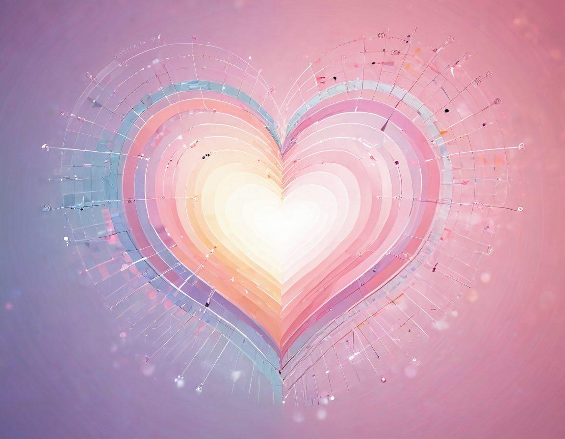 A beautifully intertwined heart shape made of data points and graphs, symbolizing the fusion of love and analytics. Surround it with glowing icons representing various relationship aspects like trust, communication, and intimacy, all in a soft pastel color palette. The background should be subtly blurred to emphasize the heart. artistic infographic style. vibrant colors. soft focus.